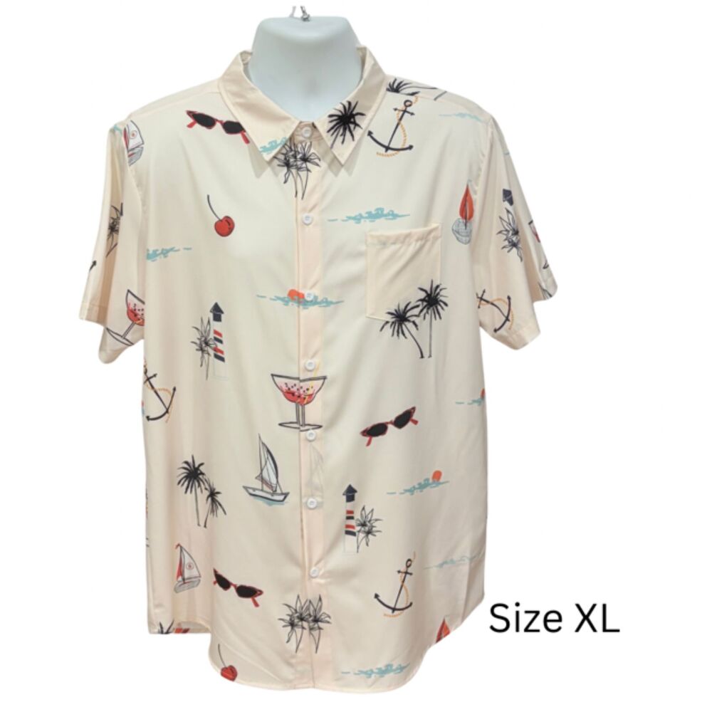 MANFINITY Men's XL Nautical Tropical Print Shirt Cream Short Sleeve Button Up